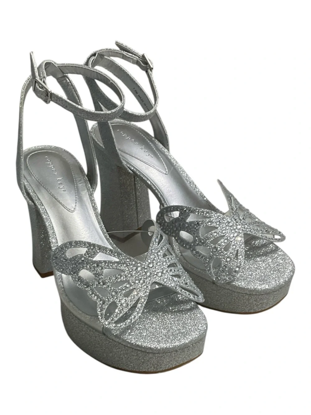 Copper Key Marigold Silver Glitter Butterfly. Rhinestone Platform Sandals 7,5 M